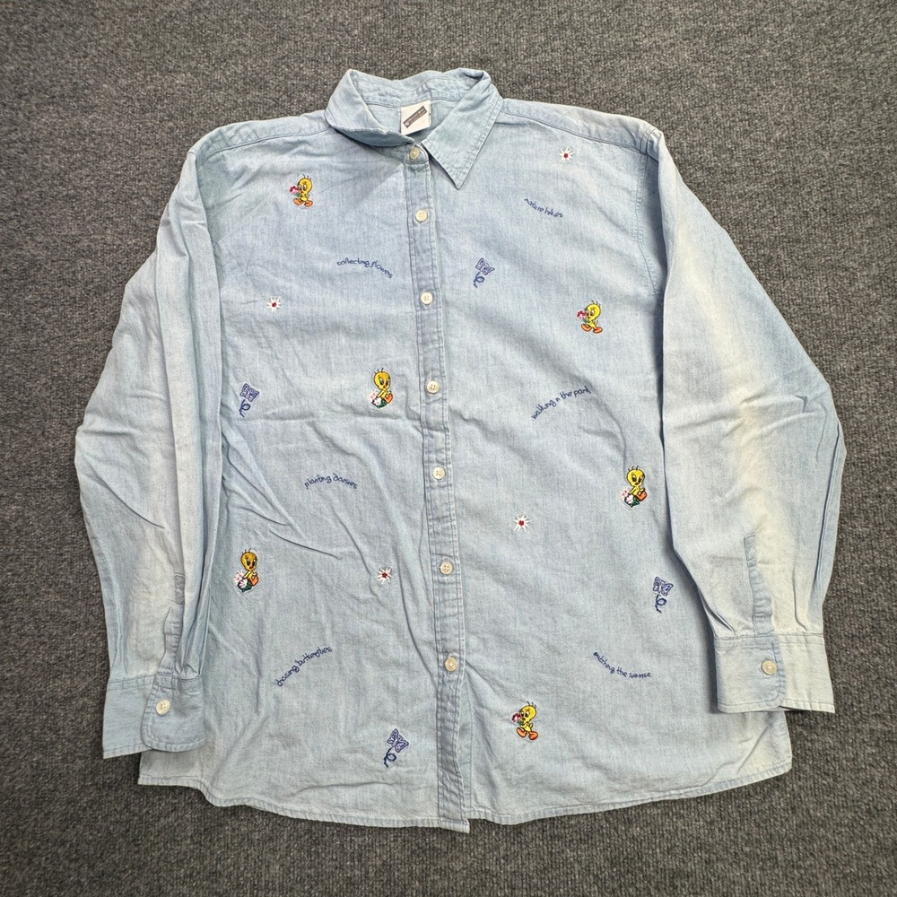 Warner Bros Studio Store Tweety Bird Shirt Womens XL Blue Denim Vintage Y2K